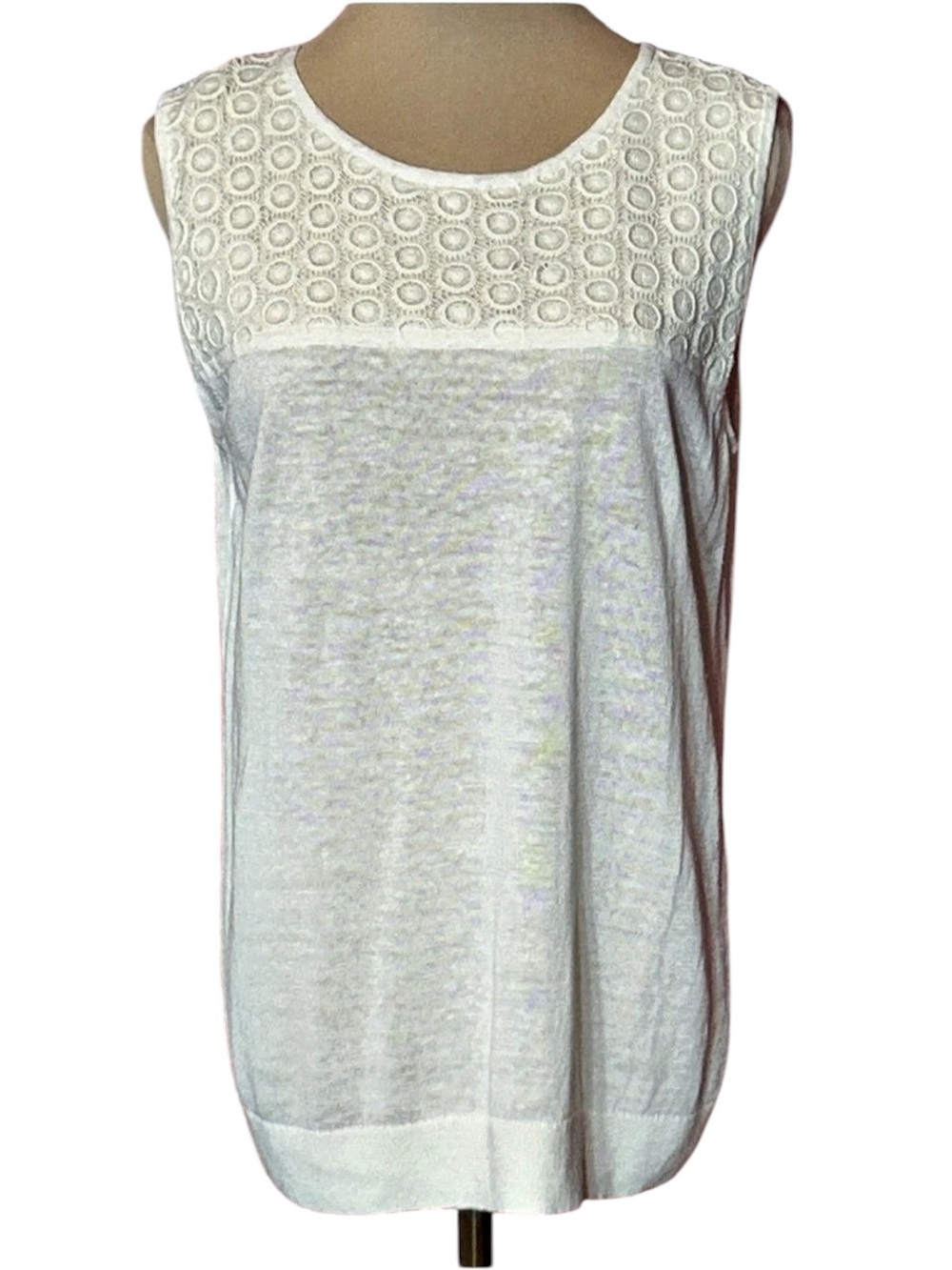 Talbots Crochet Yoke Sweater Tank White & Pink Size Large